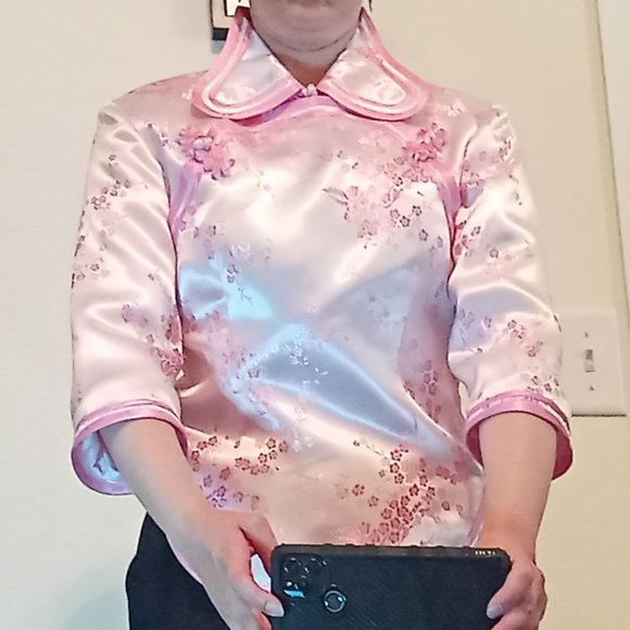 Pink Chinese Formal Traditional Cherry Blossom Shirt Women's Small Frog Ties - Picture 6 of 13